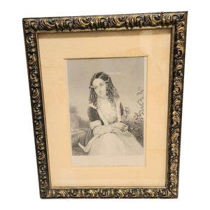 Vintage Last Rose‎ Of Summer Lady Framed Engraving Thomas Moore Poet 11 1/2"